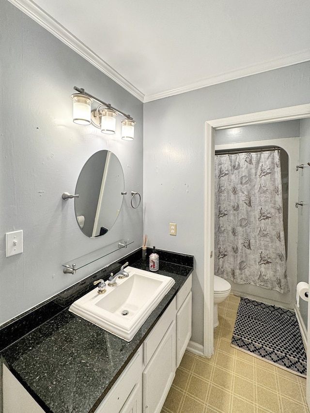 full bathroom with toilet, ornamental molding, shower / bath combination with curtain, and vanity