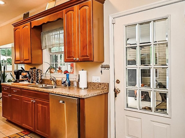 2497 Vada Rd, Bainbridge, GA 39817 - kitchen featuring dishwasher, a sink, ornamental molding, light tile patterned floors, and recessed lighting