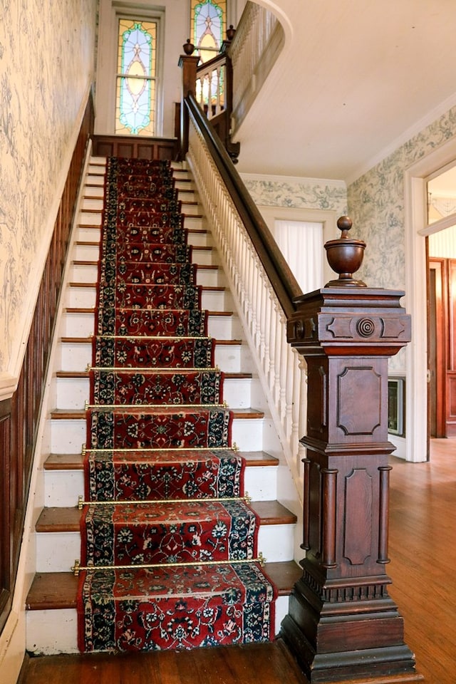 staircase featuring hardwood / wood-style flooring and a healthy amount of sunlight