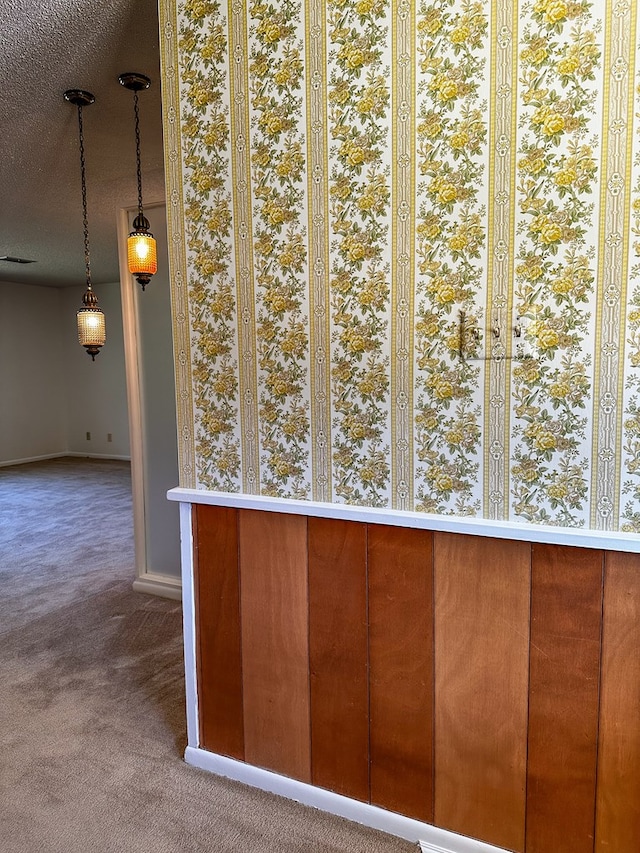 interior space featuring carpet and a textured ceiling