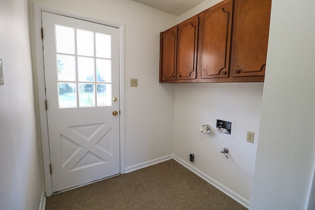 laundry room with washer hookup, gas dryer hookup, dark carpet, and cabinets