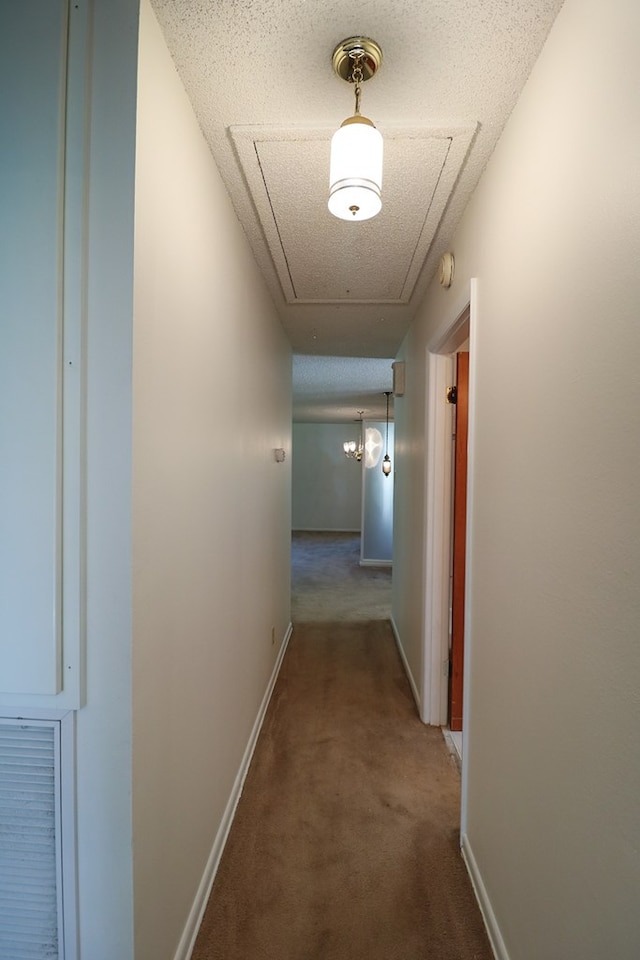 hallway with carpet and a textured ceiling