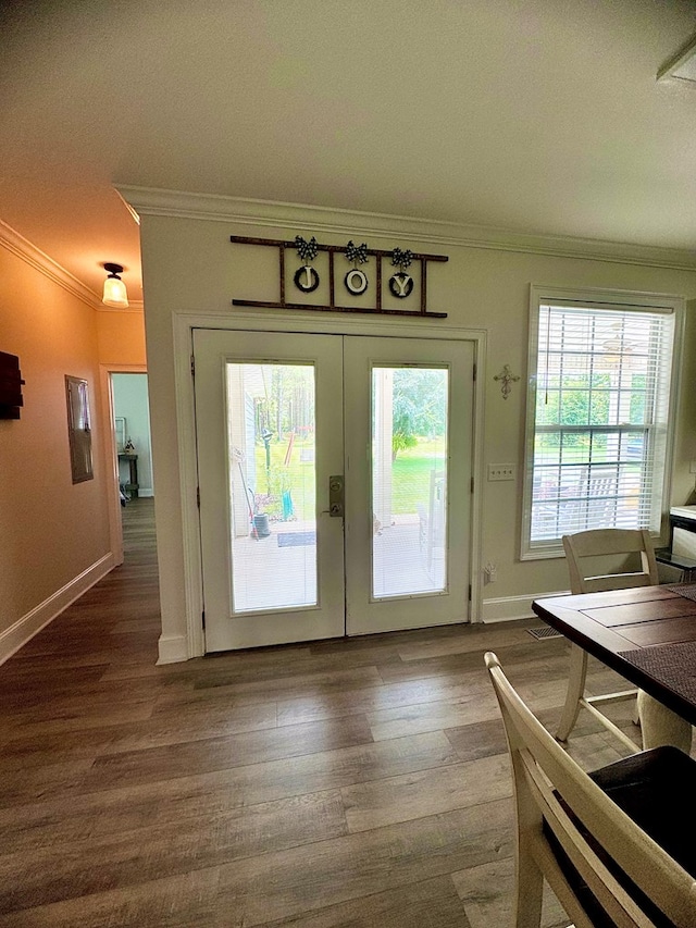 doorway with french doors, a wealth of natural light, crown molding, and dark hardwood / wood-style floors