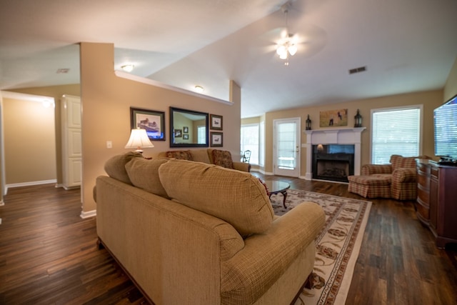 186 Turtle Pond Rd, Bainbridge, GA 39817 - living room featuring lofted ceiling, a ceiling fan, dark wood-style floors, and a fireplace