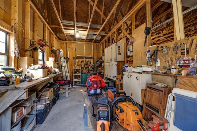 garage featuring a workshop area