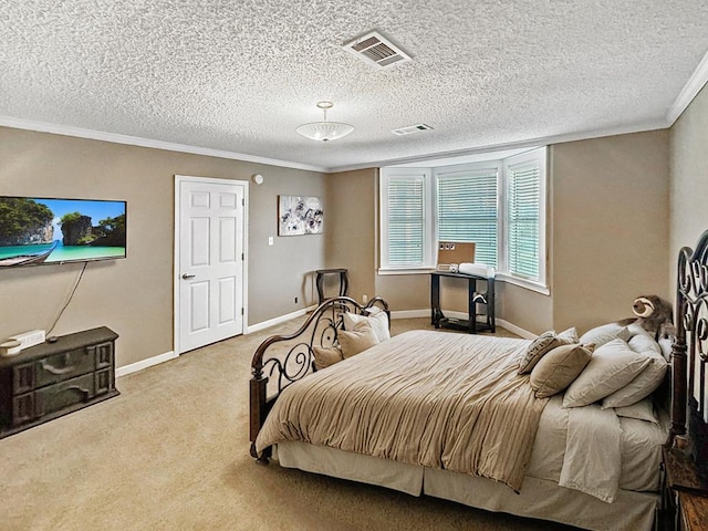 bedroom with baseboards, visible vents, ornamental molding, a textured ceiling, and carpet flooring