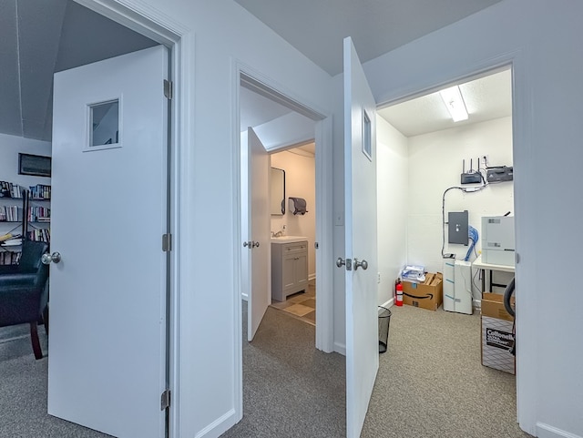 1101 Faceville Hwy, Bainbridge, GA 39819 - hallway featuring a sink, carpet flooring, an office area, and electric panel