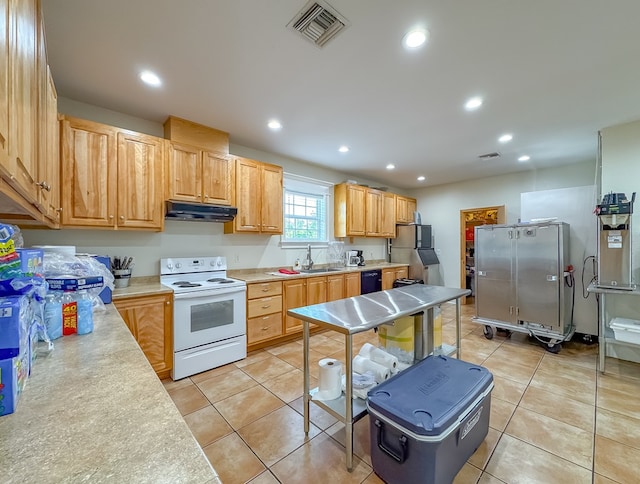 1101 Faceville Hwy, Bainbridge, GA 39819 - kitchen with white electric stove, under cabinet range hood, a sink, light countertops, and light tile patterned floors