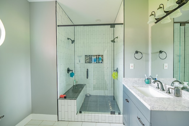 bathroom featuring tile patterned floors, vanity, and an enclosed shower