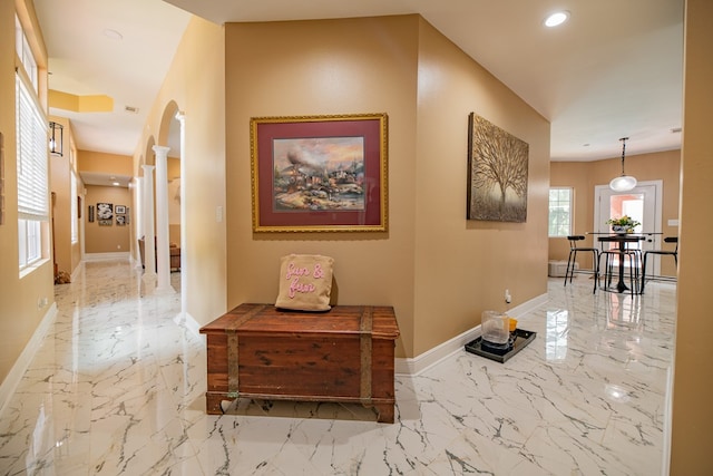 168 Douglas Pointe Dr, Bainbridge, GA 39819 - corridor with ornate columns, marble tiled floors, recessed lighting, and arched walkways