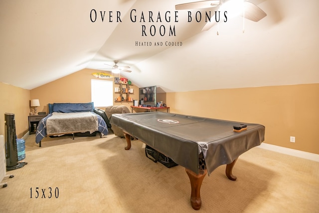 game room with carpet flooring, ceiling fan, billiards, and vaulted ceiling