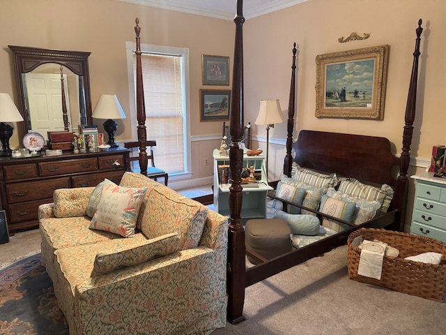 bedroom with ornamental molding, carpet flooring, and wainscoting