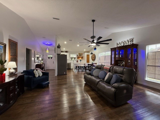 living room with ceiling fan, dark hardwood / wood-style flooring, lofted ceiling, and a textured ceiling