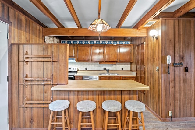 kitchen featuring hardwood / wood-style floors, wood walls, appliances with stainless steel finishes, decorative backsplash, and sink