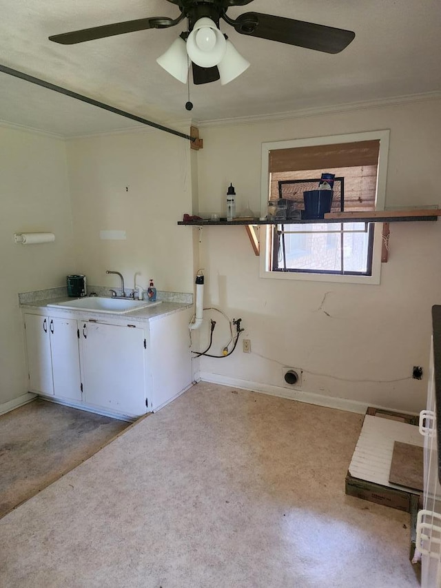 358/356 Hull St, Colquitt, GA 39837 - laundry area with ceiling fan, crown molding, and light carpet