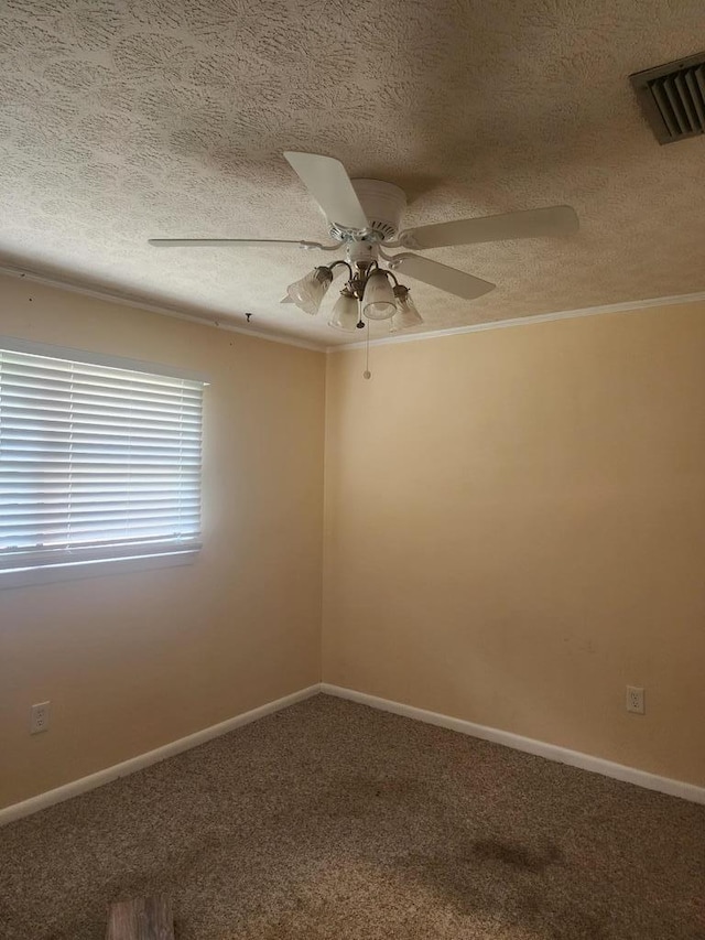 358/356 Hull St, Colquitt, GA 39837 - empty room with ceiling fan, carpet, crown molding, and a textured ceiling