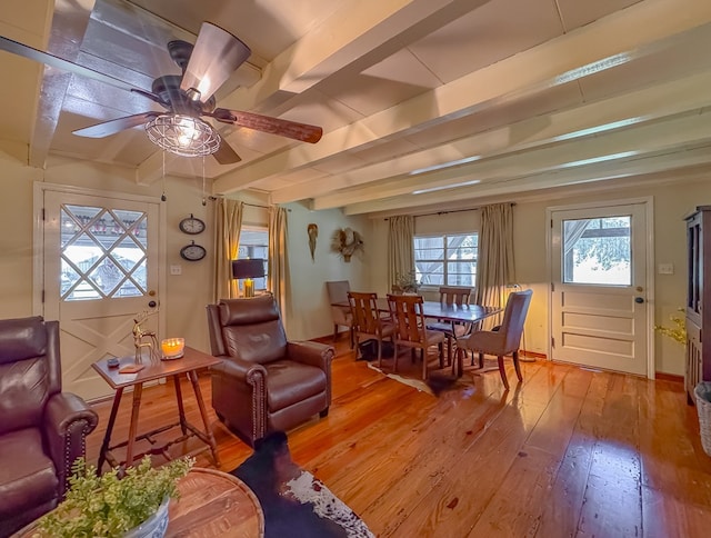 living room featuring a ceiling fan, light wood-style floors, and beam ceiling
