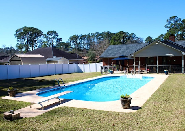 view of pool featuring a fenced in pool, a fenced backyard, a yard, and a diving board