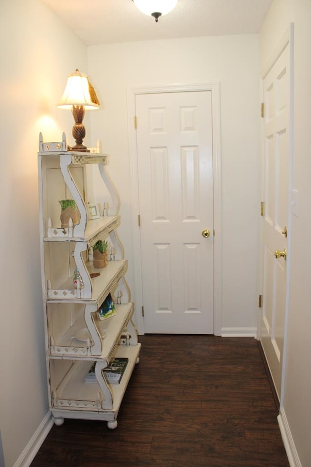 doorway to outside featuring baseboards and dark wood-style flooring