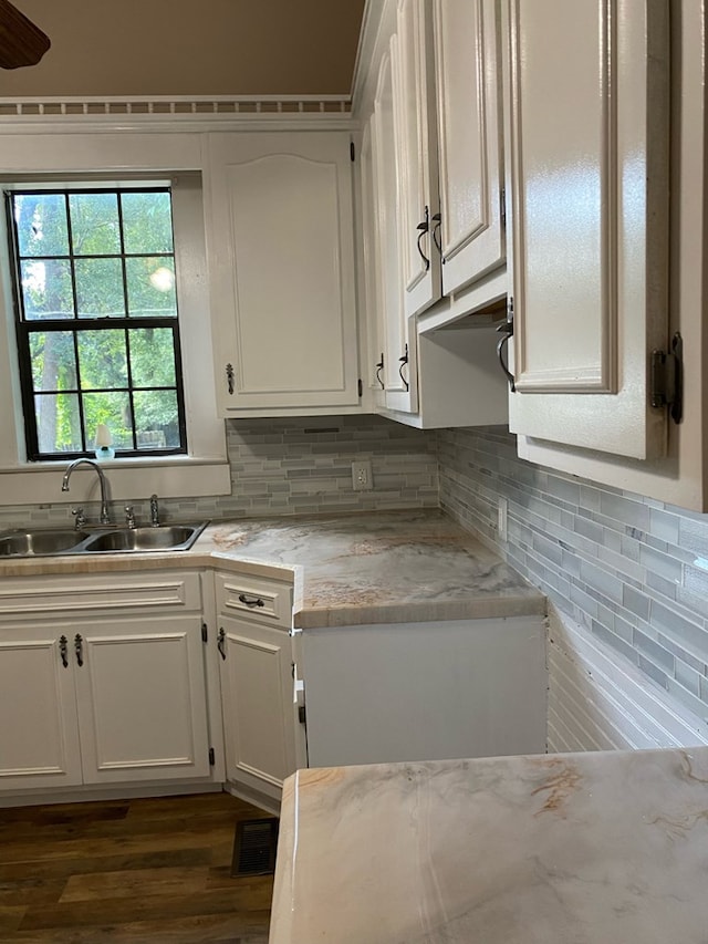709 E College St, Bainbridge, GA 39817 - kitchen featuring a sink, dark wood-style flooring, white cabinets, and tasteful backsplash