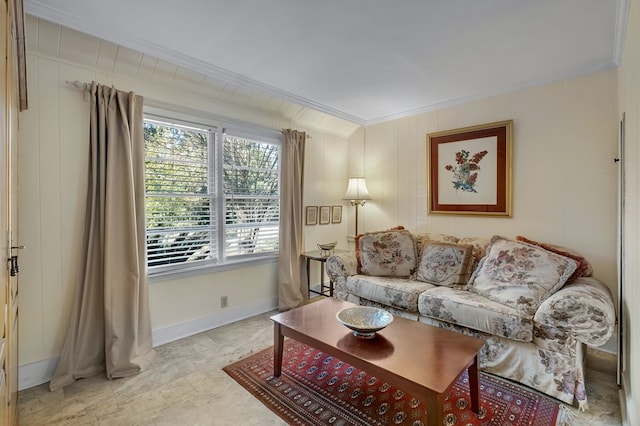 living room with ornamental molding