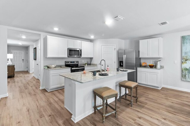 177 Wynn Ct, Bainbridge, GA 39819 - kitchen with stainless steel appliances, a sink, visible vents, white cabinetry, and a kitchen bar