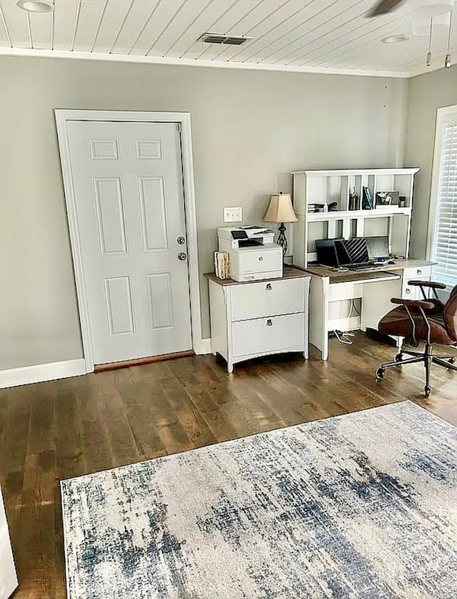 foyer featuring dark hardwood / wood-style floors and wood ceiling