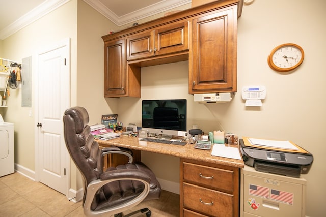 8030 Northwood Dr, Donalsonville, GA 39845 - tiled office featuring built in desk, ornamental molding, and washer / clothes dryer