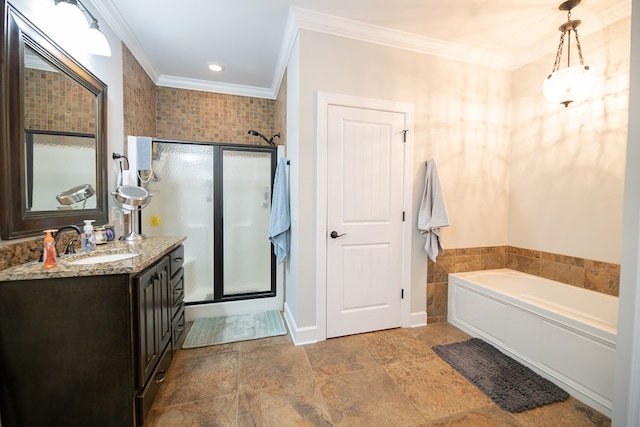 8030 Northwood Dr, Donalsonville, GA 39845 - bathroom with vanity, separate shower and tub, and crown molding