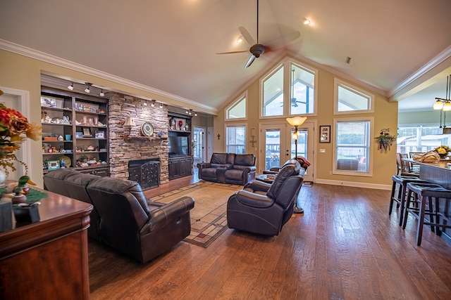 8030 Northwood Dr, Donalsonville, GA 39845 - living room with a healthy amount of sunlight, dark hardwood / wood-style floors, ceiling fan, and crown molding