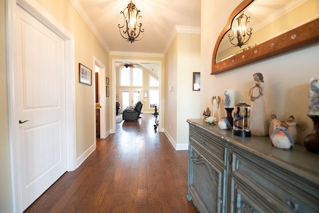 8030 Northwood Dr, Donalsonville, GA 39845 - corridor featuring dark hardwood / wood-style floors, crown molding, and a chandelier