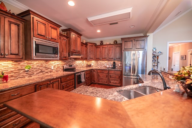8030 Northwood Dr, Donalsonville, GA 39845 - kitchen featuring crown molding, sink, decorative backsplash, and stainless steel appliances