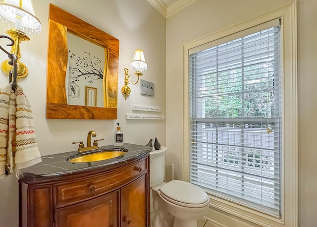 bathroom featuring vanity, toilet, and crown molding