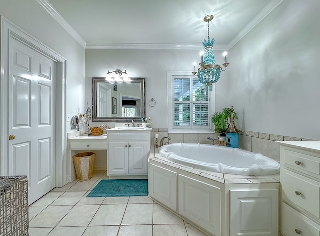 bathroom with ornamental molding, vanity, a bath, an inviting chandelier, and tile patterned flooring