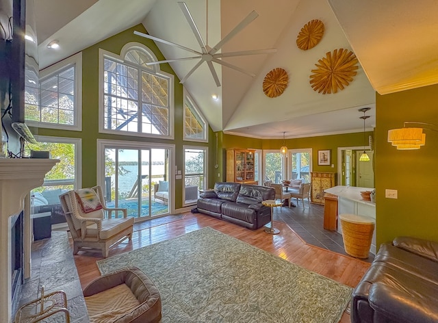 living room with hardwood / wood-style floors, high vaulted ceiling, a wealth of natural light, and ornamental molding