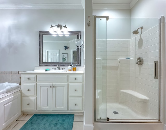 bathroom featuring tile patterned flooring, vanity, ornamental molding, and plus walk in shower