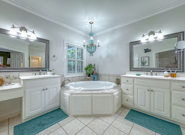 bathroom featuring vanity, a bath, an inviting chandelier, tile patterned floors, and crown molding