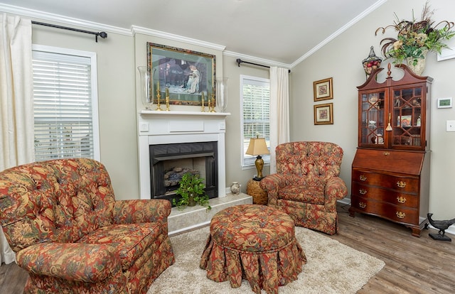 living area with lofted ceiling, ornamental molding, a fireplace with raised hearth, and wood finished floors