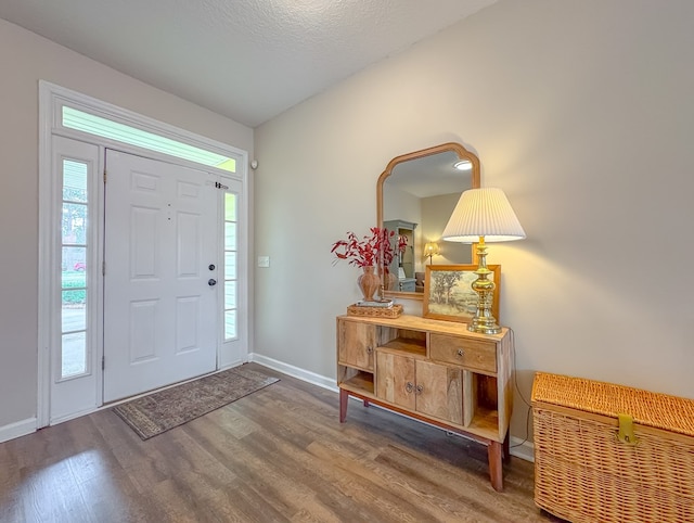 entryway with hardwood / wood-style flooring and a textured ceiling