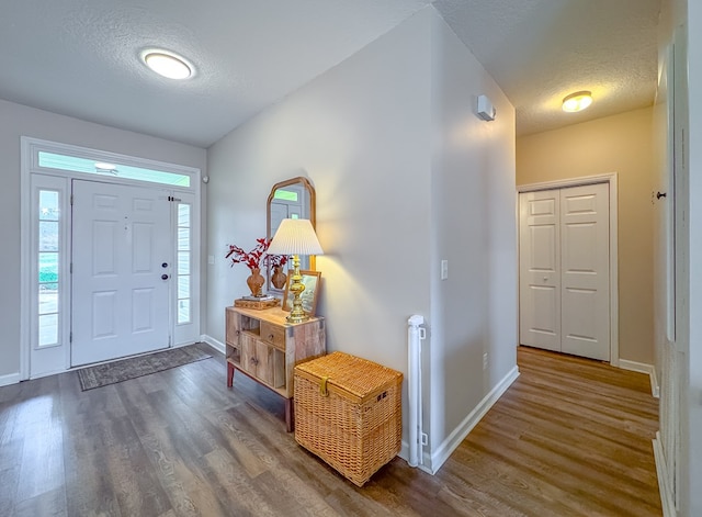 foyer with a textured ceiling and dark wood-type flooring