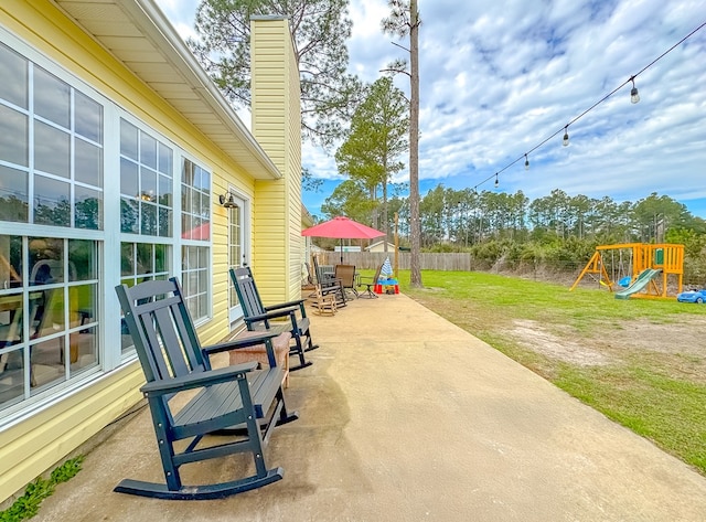 view of patio / terrace featuring a playground