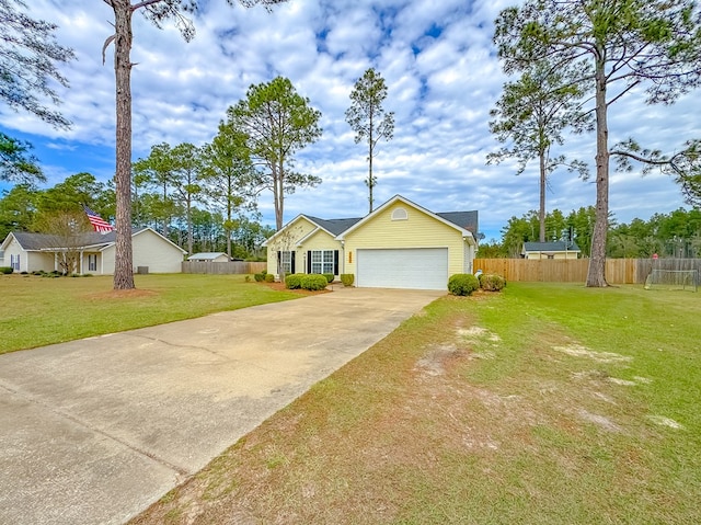 single story home with a front yard and a garage