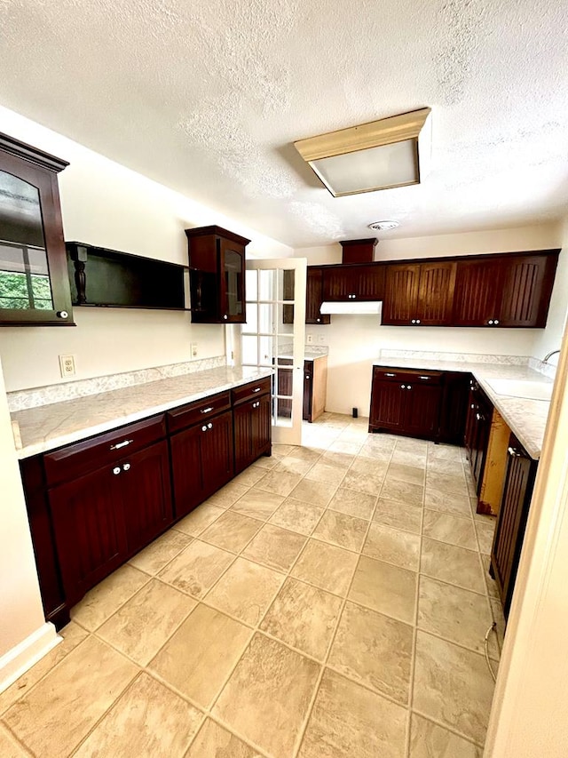356 E Main St, Colquitt, GA 39837 - kitchen with under cabinet range hood, healthy amount of natural light, a sink, a textured ceiling, and glass insert cabinets