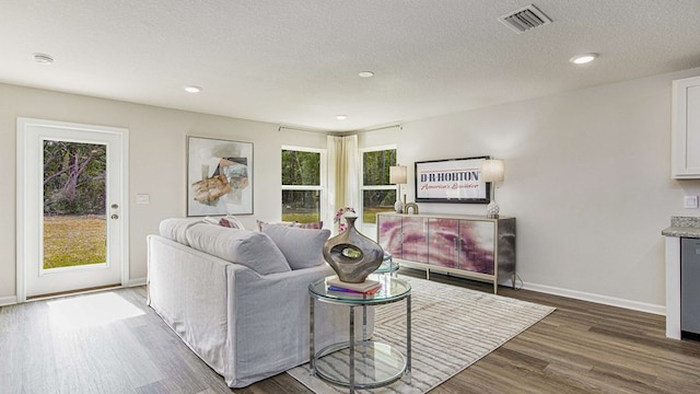 living room with hardwood / wood-style floors, a healthy amount of sunlight, and a textured ceiling