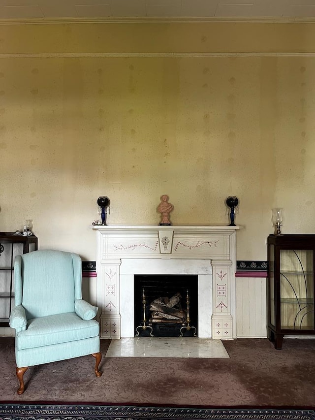 sitting room featuring carpet floors and a high end fireplace