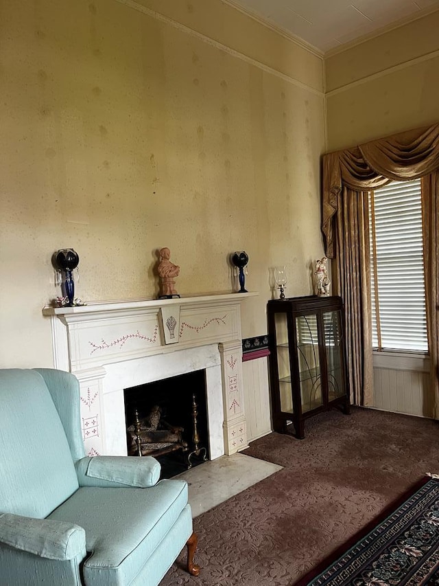 sitting room featuring carpet and a fireplace