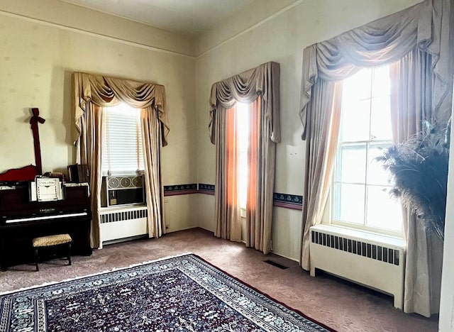 living area featuring carpet floors and radiator heating unit