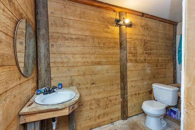 bathroom with sink, wooden walls, and toilet