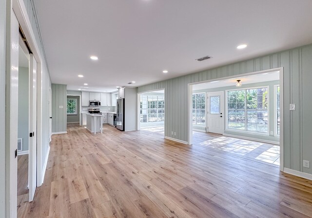 unfurnished living room with light hardwood / wood-style flooring