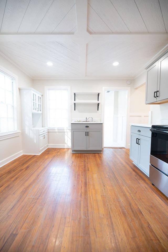 641 Evans, Bainbridge, GA 39819 - kitchen with stainless steel electric stove, gray cabinetry, healthy amount of natural light, hardwood / wood-style floors, and recessed lighting